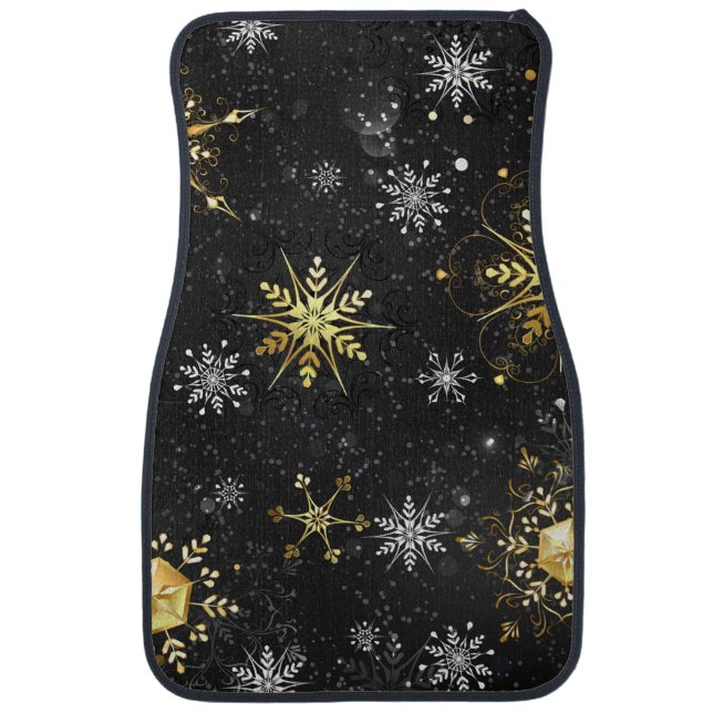 Xmas Golden Snowflakes on Black Background Car Floor Mat (Front)