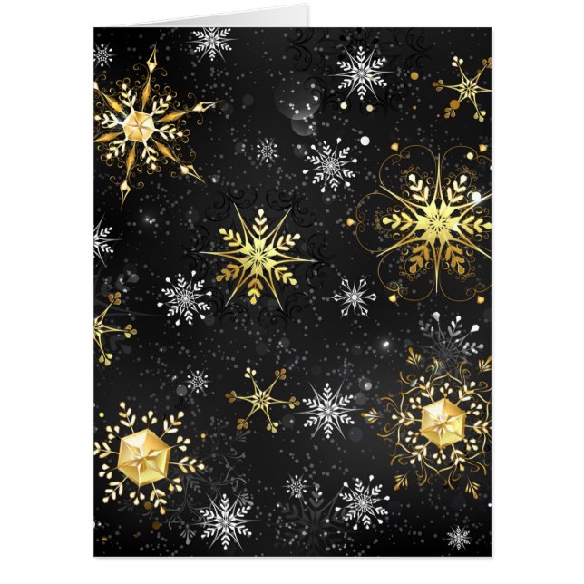 Xmas Golden Snowflakes on Black Background Card (Front)