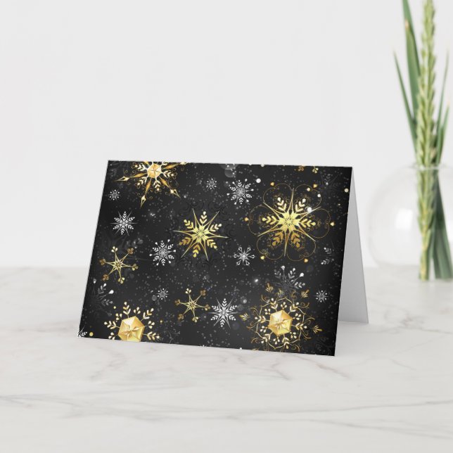 Xmas Golden Snowflakes on Black Background Card (Front)