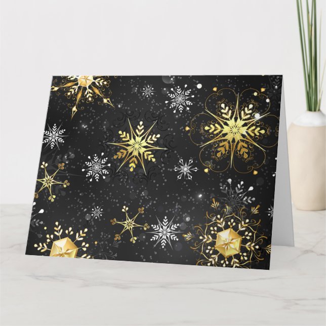 Xmas Golden Snowflakes on Black Background Card (Front)