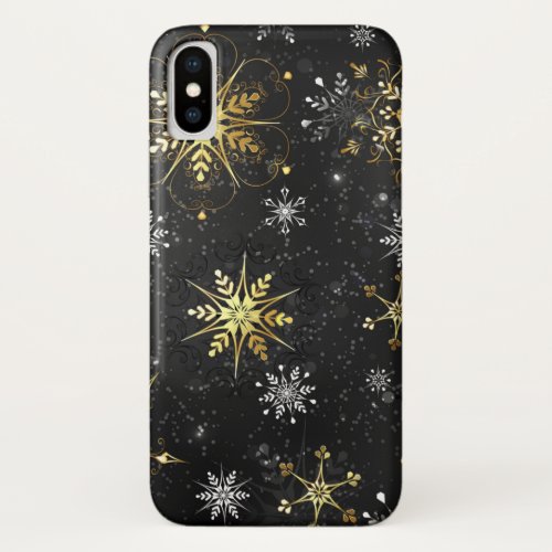 Xmas Golden Snowflakes on Black Background iPhone X Case