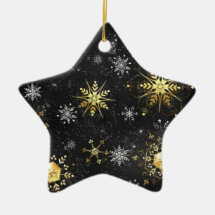 Xmas Golden Snowflakes on Black Background Ceramic Ornament