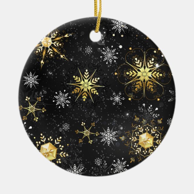 Xmas Golden Snowflakes on Black Background Ceramic Ornament (Front)