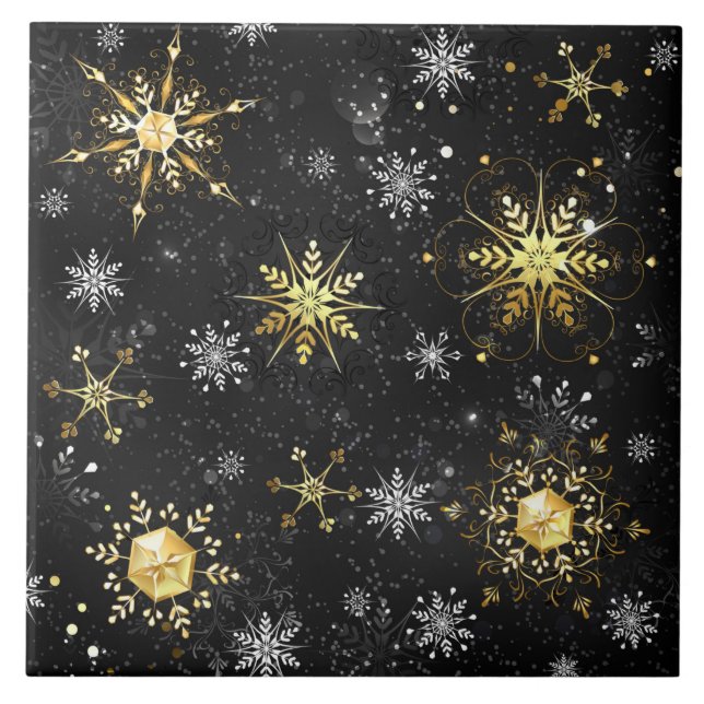 Xmas Golden Snowflakes on Black Background Ceramic Tile (Front)
