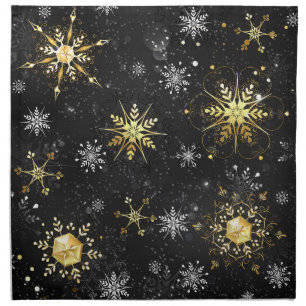 Xmas Golden Snowflakes on Black Background Cloth Napkin