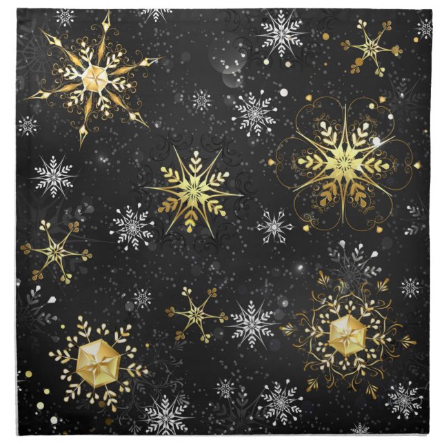 Xmas Golden Snowflakes on Black Background Cloth Napkin (Front)