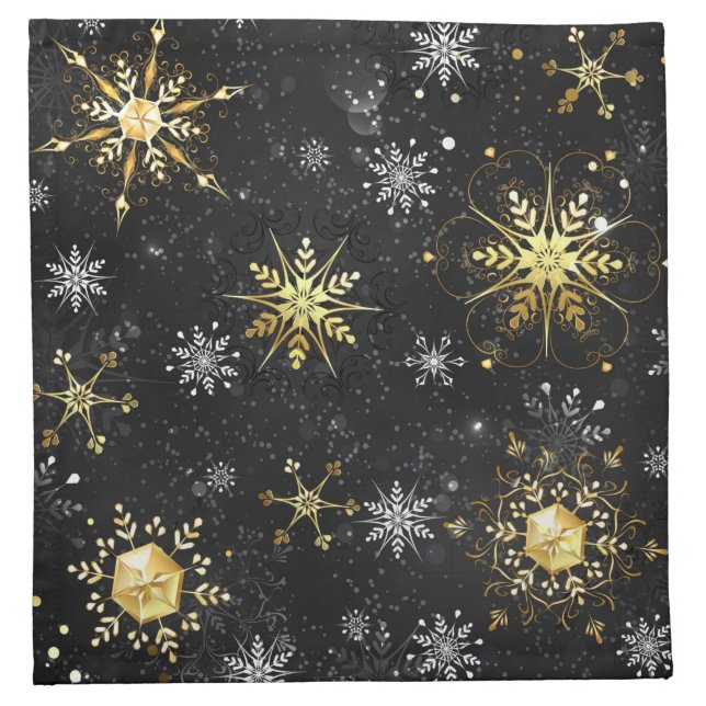 Xmas Golden Snowflakes on Black Background Cloth Napkin (Front)