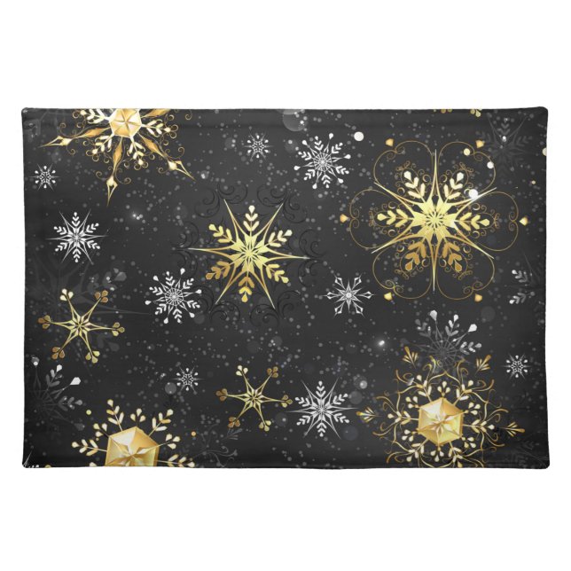 Xmas Golden Snowflakes on Black Background Cloth Placemat (Front)