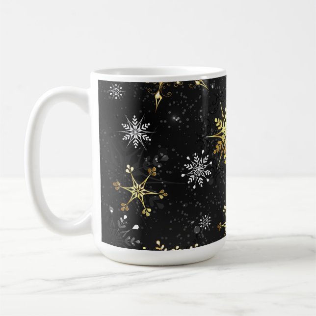 Xmas Golden Snowflakes on Black Background Coffee Mug (Left)
