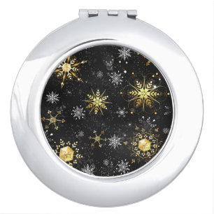 Xmas Golden Snowflakes on Black Background Compact Mirror