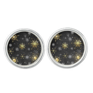 Xmas Golden Snowflakes on Black Background Cufflinks