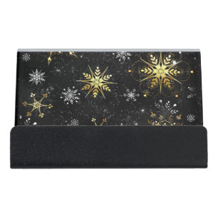 Xmas Golden Snowflakes on Black Background Desk Business Card Holder