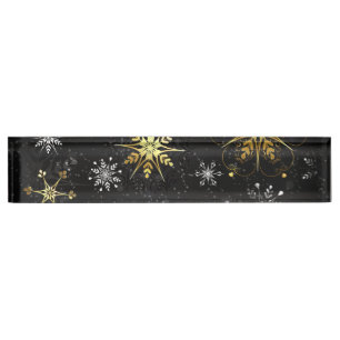 Xmas Golden Snowflakes on Black Background Desk Name Plate