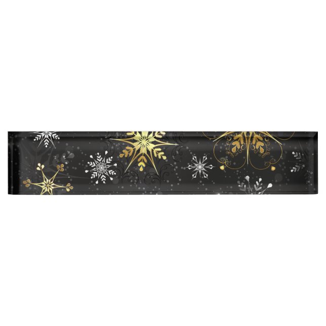 Xmas Golden Snowflakes on Black Background Desk Name Plate (Front)