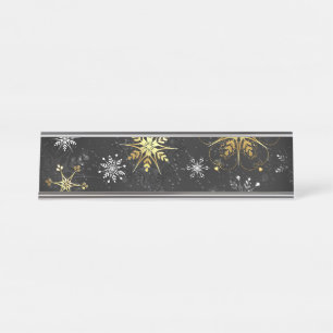 Xmas Golden Snowflakes on Black Background Desk Name Plate
