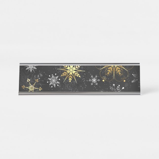 Xmas Golden Snowflakes on Black Background Desk Name Plate (Front)