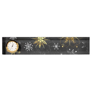 Xmas Golden Snowflakes on Black Background Desk Name Plate