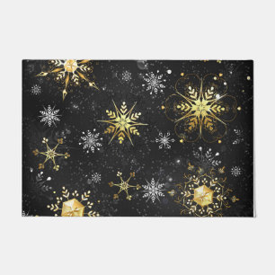Xmas Golden Snowflakes on Black Background Doormat