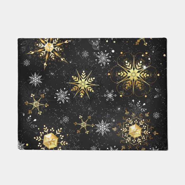 Xmas Golden Snowflakes on Black Background Doormat (Front)