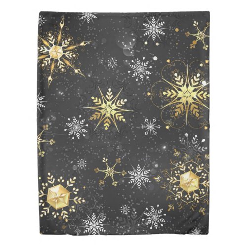 Xmas Golden Snowflakes on Black Background Duvet Cover