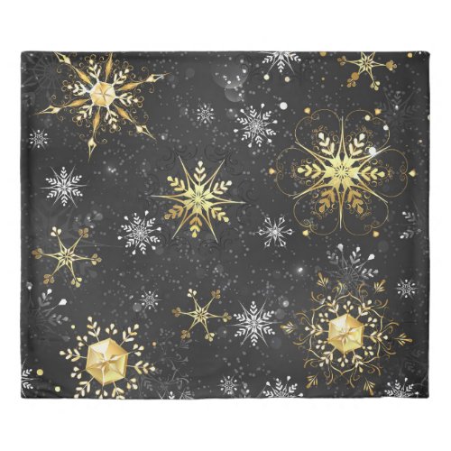 Xmas Golden Snowflakes on Black Background Duvet Cover