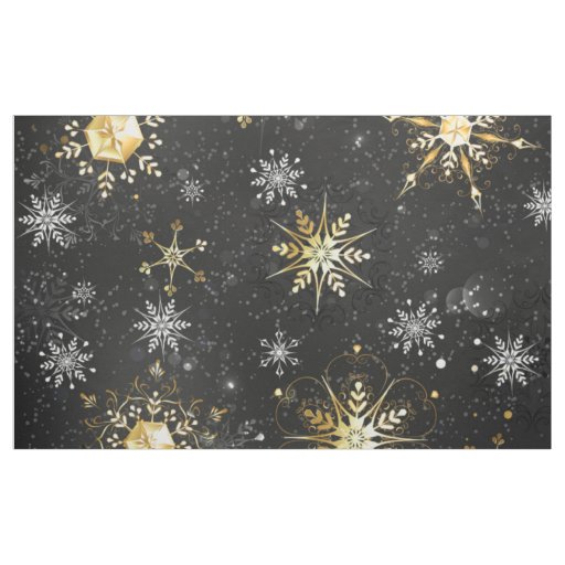 Xmas Golden Snowflakes on Black Background Fabric