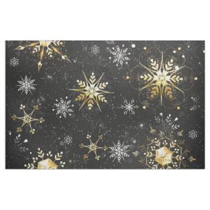 Xmas Golden Snowflakes on Black Background Fabric