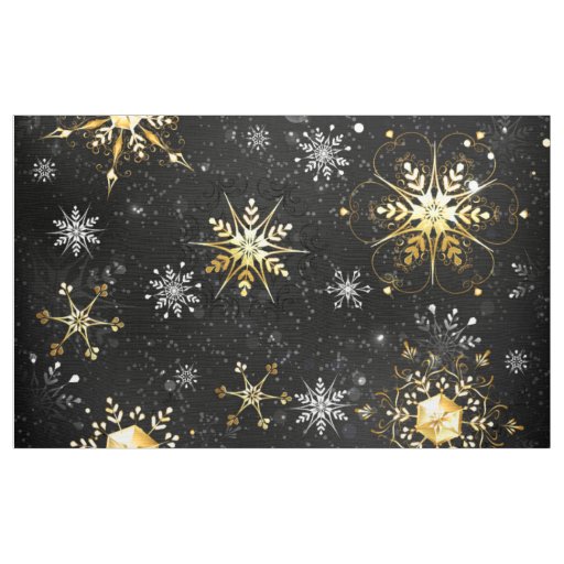 Xmas Golden Snowflakes on Black Background Fabric