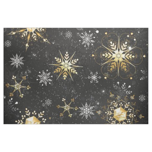 Xmas Golden Snowflakes on Black Background Fabric