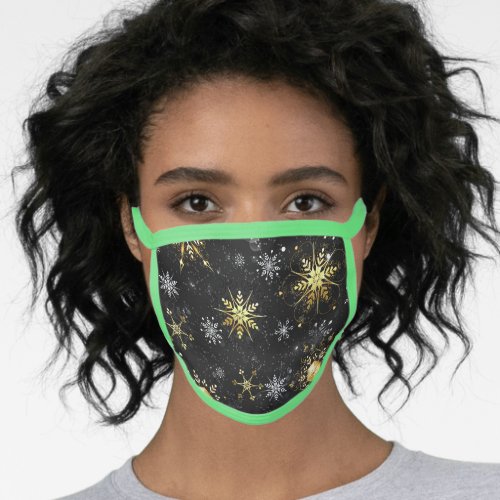 Xmas Golden Snowflakes on Black Background Face Mask