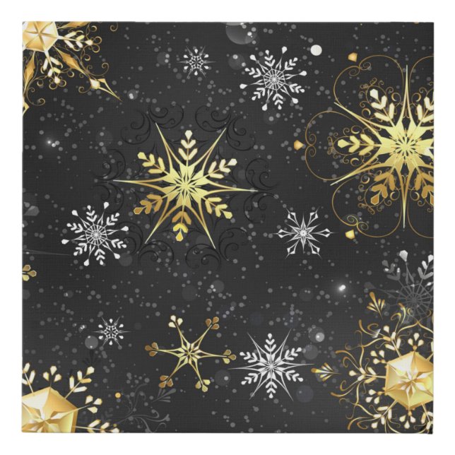 Xmas Golden Snowflakes on Black Background Faux Canvas Print (Front)