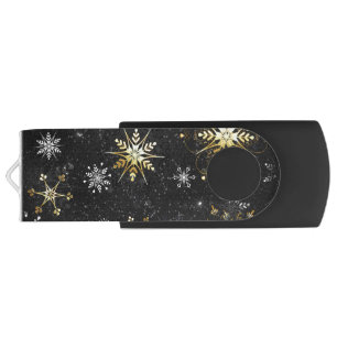 Xmas Golden Snowflakes on Black Background Flash Drive