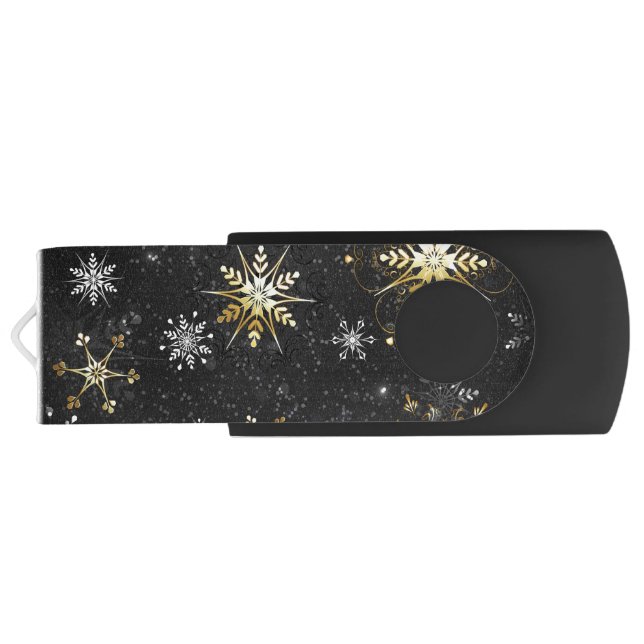 Xmas Golden Snowflakes on Black Background Flash Drive (Back)