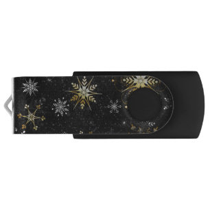Xmas Golden Snowflakes on Black Background Flash Drive