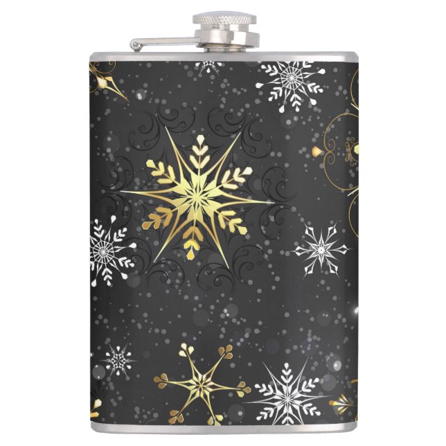 Xmas Golden Snowflakes on Black Background Flask (Front)