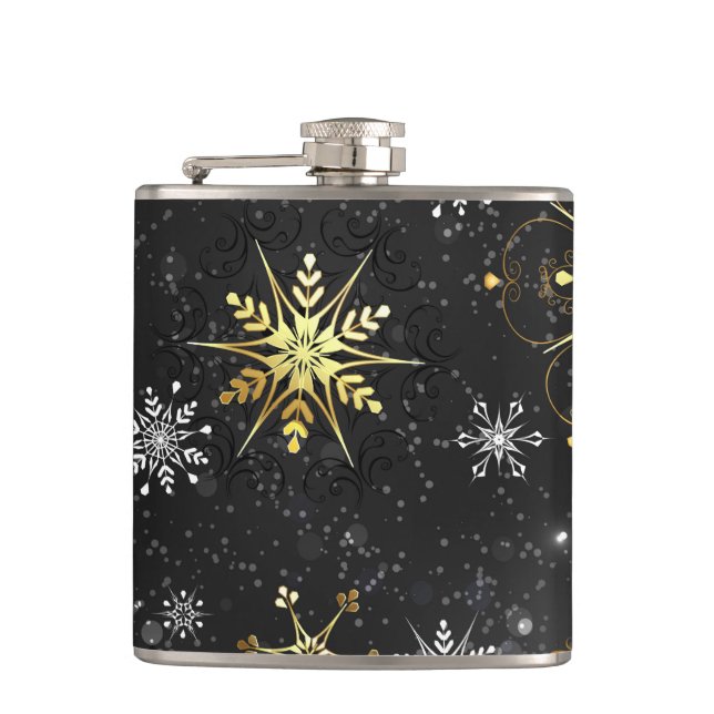 Xmas Golden Snowflakes on Black Background Flask (Front)