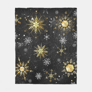 Xmas Golden Snowflakes on Black Background Fleece Blanket