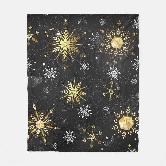 Xmas Golden Snowflakes on Black Background Fleece Blanket (Front)