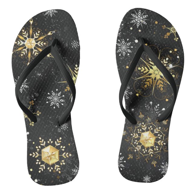 Xmas Golden Snowflakes on Black Background Flip Flops (Footbed)