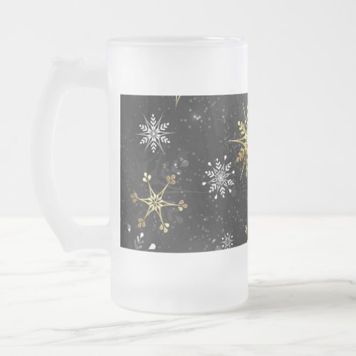 Xmas Golden Snowflakes on Black Background Frosted Glass Beer Mug