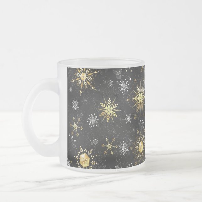 Xmas Golden Snowflakes on Black Background Frosted Glass Coffee Mug (Left)