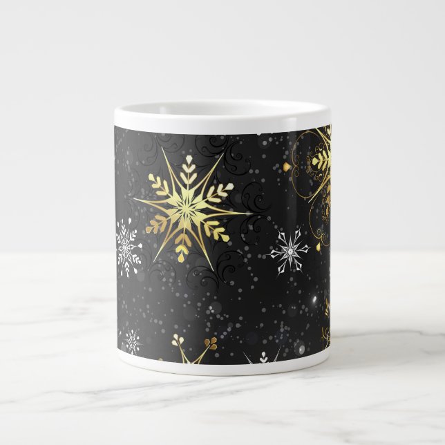 Xmas Golden Snowflakes on Black Background Giant Coffee Mug (Front)