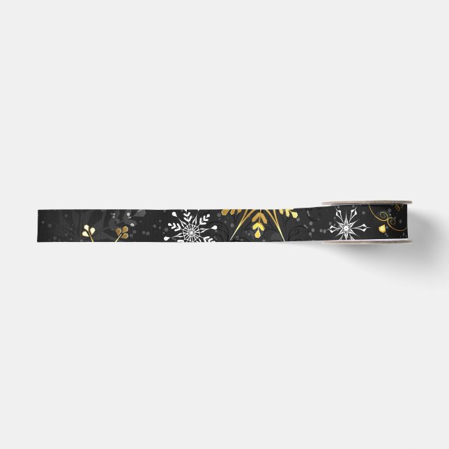 Xmas Golden Snowflakes on Black Background Grosgrain Ribbon (Front)