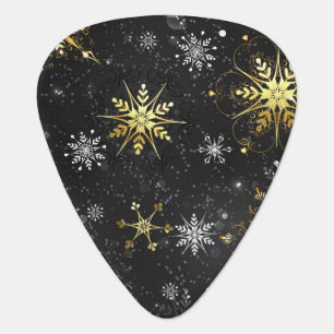 Xmas Golden Snowflakes on Black Background Guitar Pick
