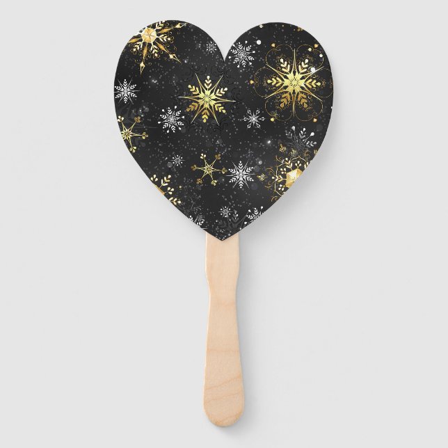 Xmas Golden Snowflakes on Black Background Hand Fan (Front)