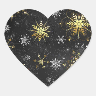Xmas Golden Snowflakes on Black Background Heart Sticker