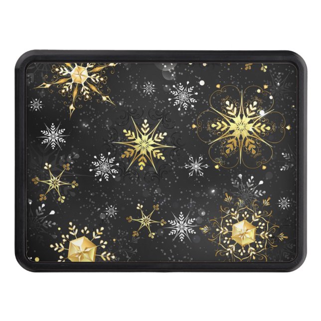 Xmas Golden Snowflakes on Black Background Hitch Cover (Front)
