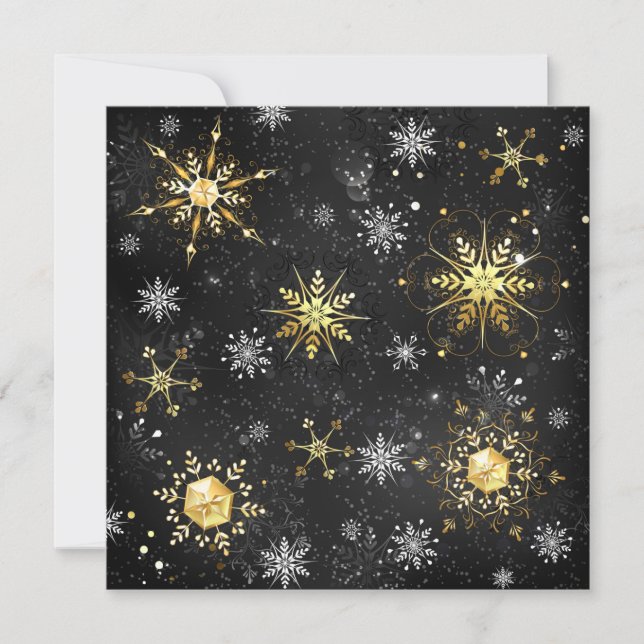 Xmas Golden Snowflakes on Black Background Holiday Card (Front)