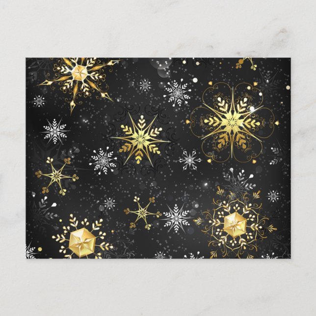 Xmas Golden Snowflakes on Black Background Holiday Postcard (Front)