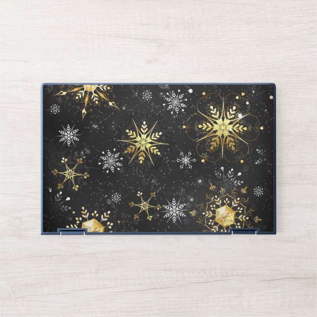 Xmas Golden Snowflakes on Black Background HP Laptop Skin (Front)